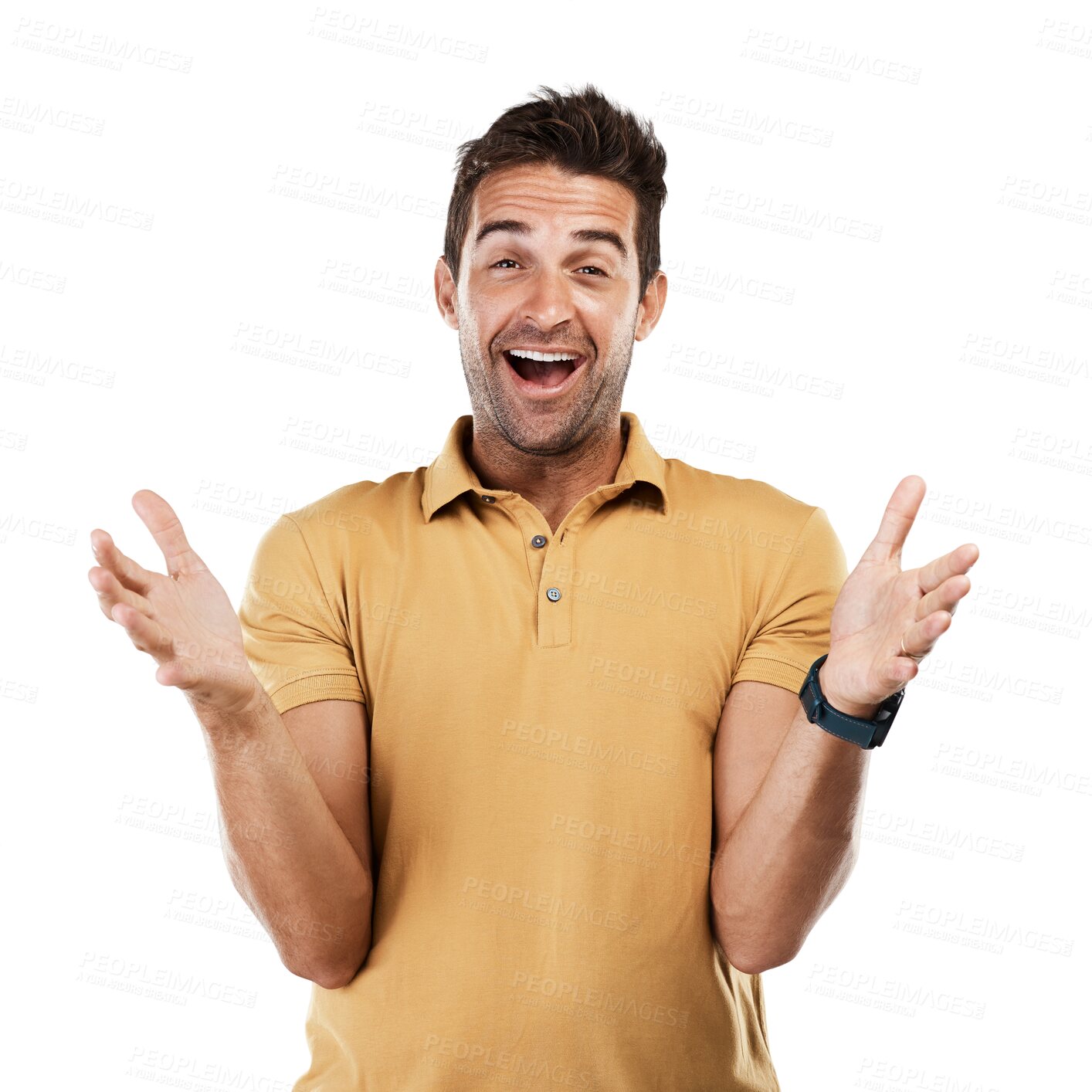 Buy stock photo Isolated man, open hands and smile in portrait with excited face, hug or welcome by transparent png background. Guy, male fashion model and happy with palm, yellow polo t-shirt and trendy clothes