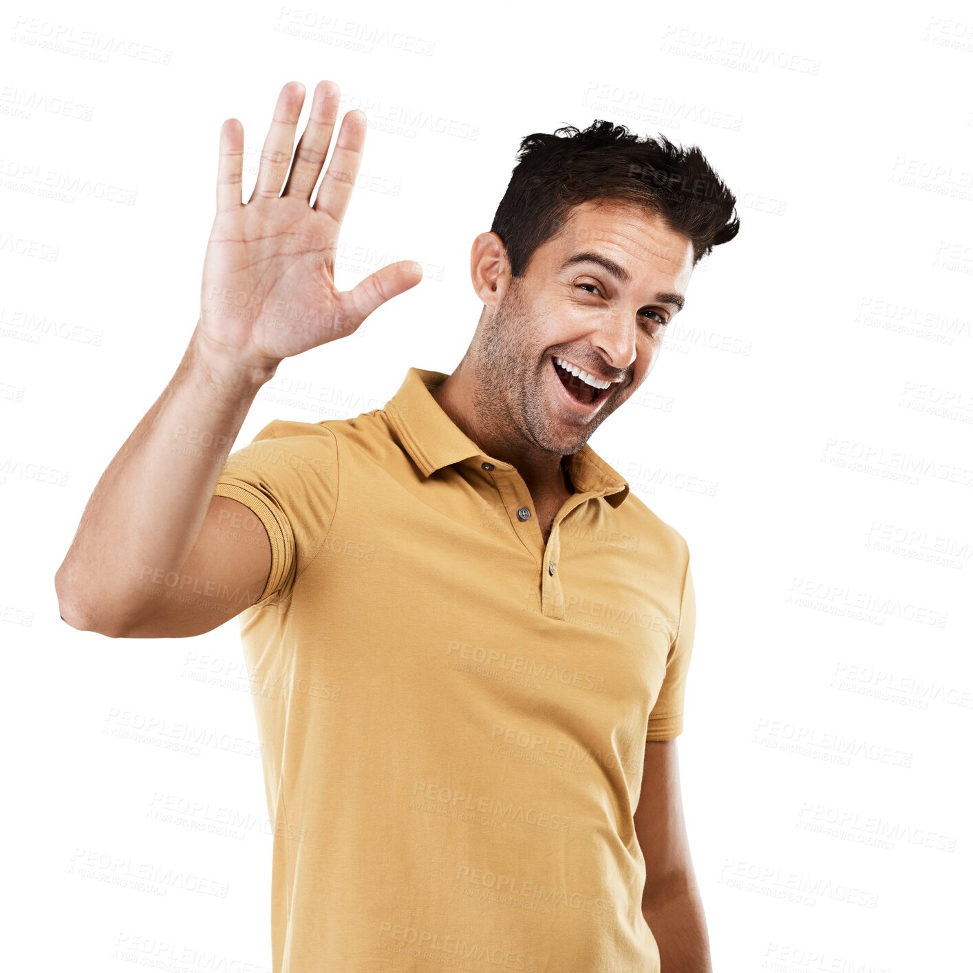 Buy stock photo Isolated man, wave and smile in portrait with hello, greeting and respect by transparent png background. Guy, fashion model and happy with hand in air for sign language, icon or gesture with kindness