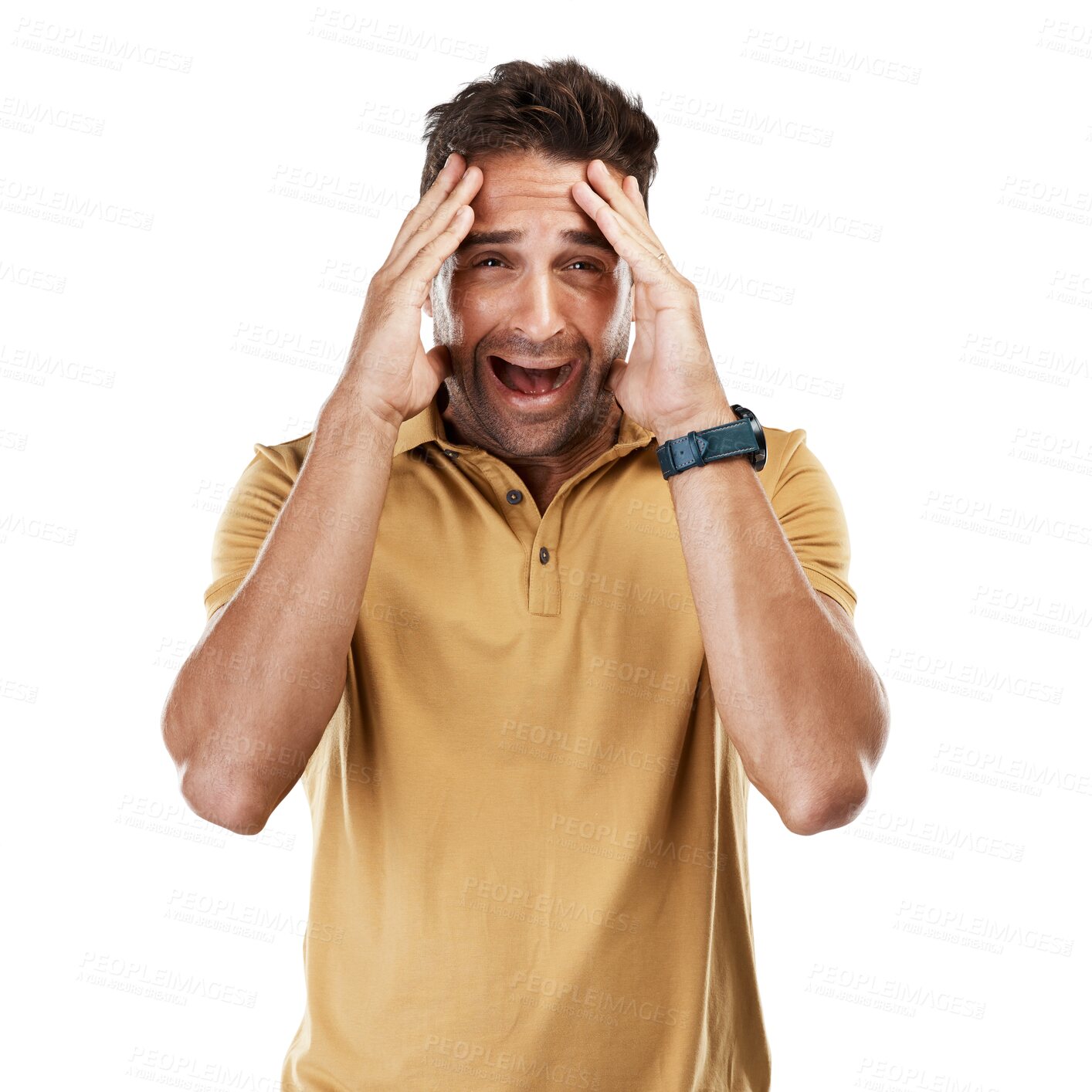 Buy stock photo Face, scared and shocked man for mistake, fail and crisis anxiety isolated on transparent png background in fear, horror and terror expression. Worried model, stress and crying person with bad news