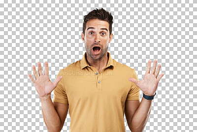 Buy stock photo Isolated man, surprise face and portrait with shock for deal, news or announcement by transparent png background. Guy, fashion model and wow with hands in air for gossip, notification or information