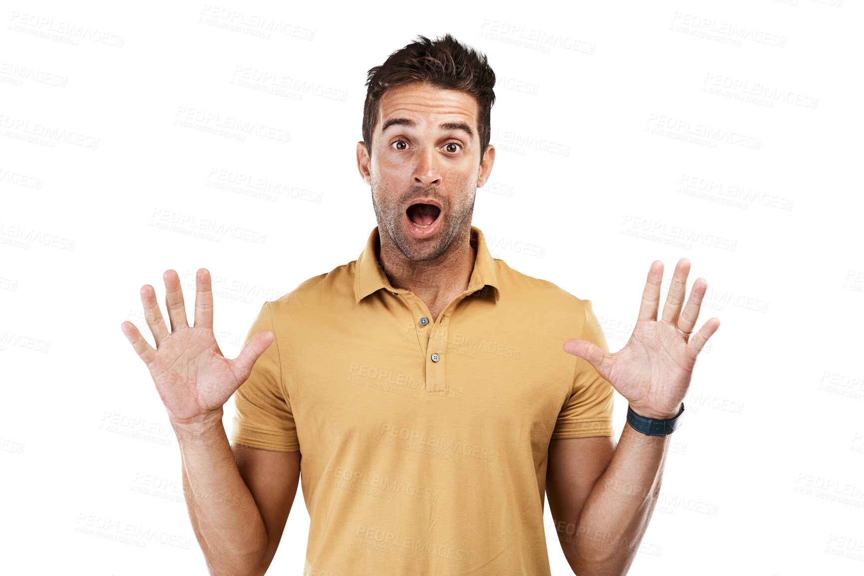 Buy stock photo Isolated man, surprise face and portrait with shock for deal, news or announcement by transparent png background. Guy, fashion model and wow with hands in air for gossip, notification or information