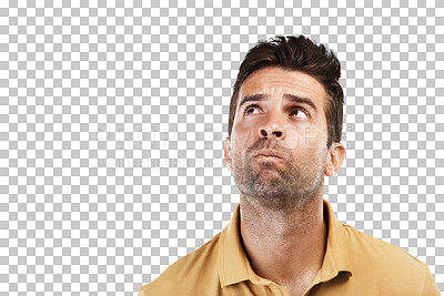 Buy stock photo Isolated man, thinking and confused face with ideas, question or brainstorming by transparent png background. Guy, problem solving and solution with mind, looking or wonder for future, goal or vision