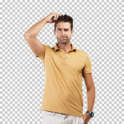 Buy stock photo Thinking, scratching head or portrait of man confused by choices isolated on transparent png background. Why, doubt or unsure male person with question to consider for solution or problem solving