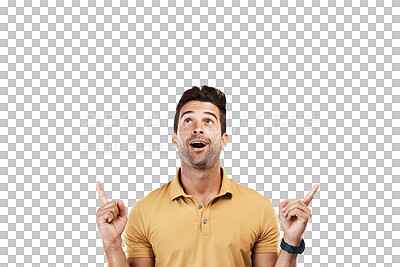 Buy stock photo Pointing up, wow or man excited by sale, retail product offer or discount deal isolated on png background. Transparent, smile or happy male person showing results, news info or menu choice promotion 