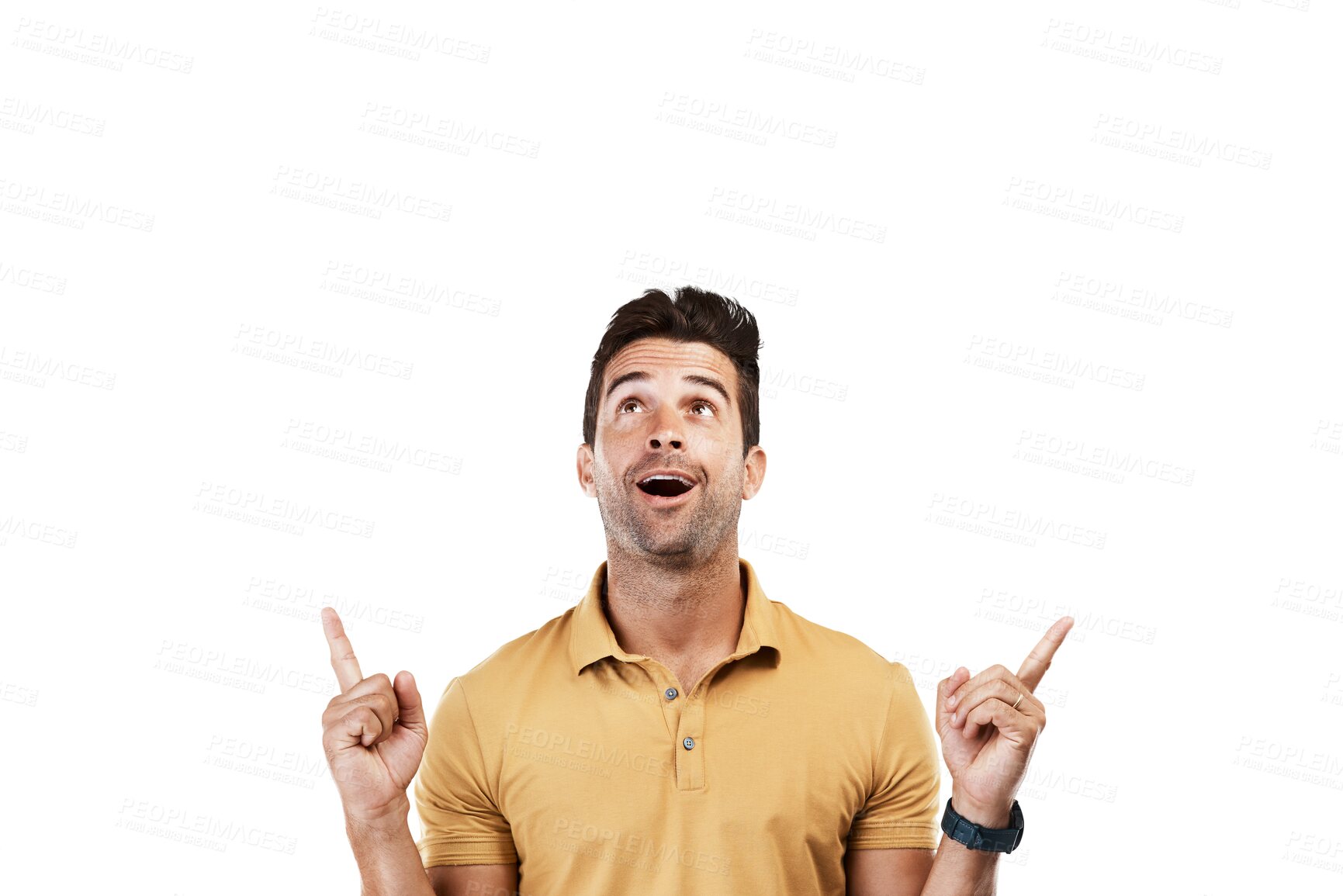 Buy stock photo Pointing up, wow or man excited by sale, retail product offer or discount deal isolated on png background. Transparent, smile or happy male person showing results, news info or menu choice promotion 