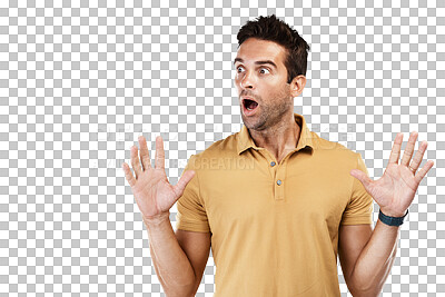 Buy stock photo Isolated man, surprise face and shock with thinking for deal, news or announcement by transparent png background. Guy, fashion model and wow with hands in air for secret discount, idea or information