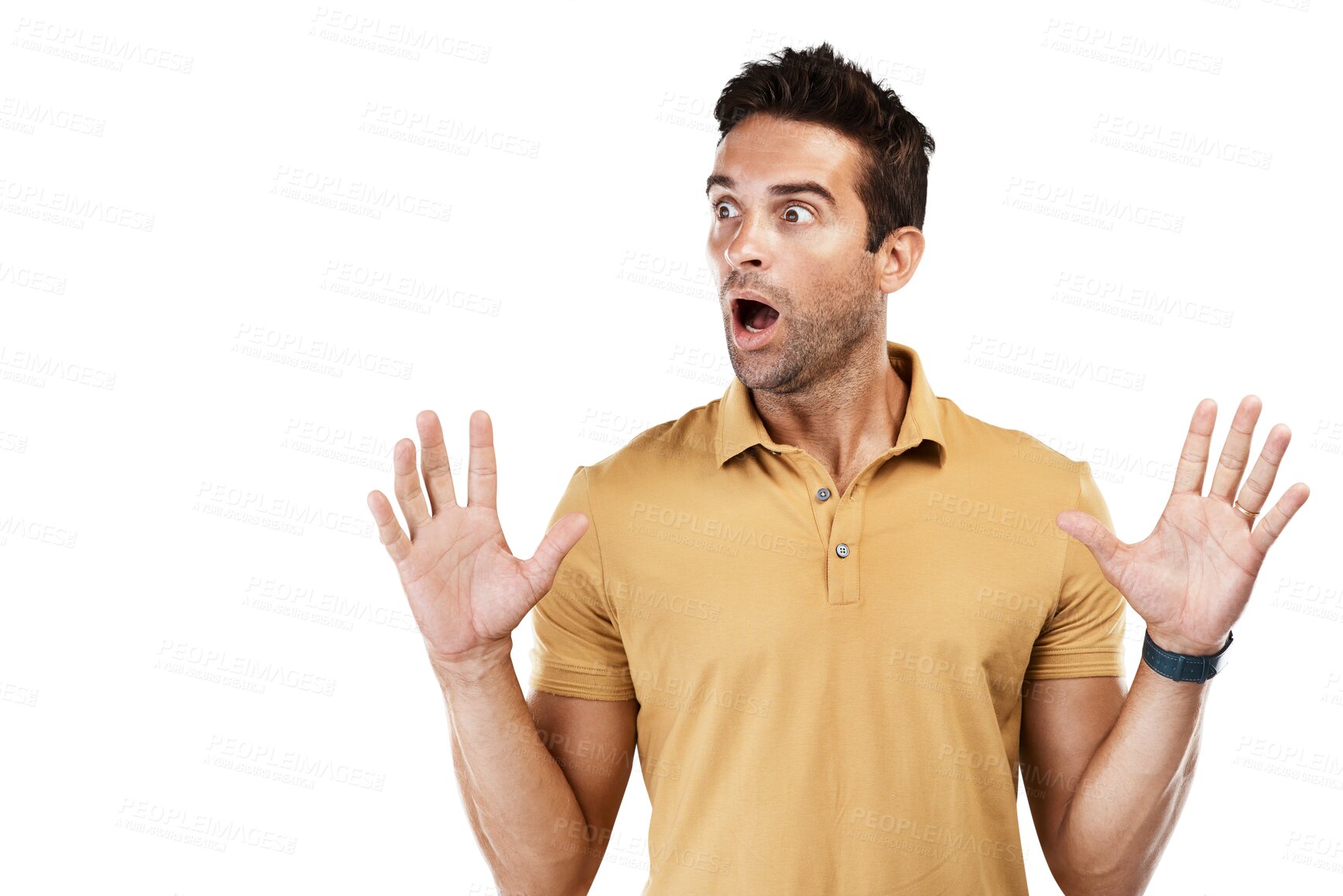 Buy stock photo Isolated man, surprise face and shock with thinking for deal, news or announcement by transparent png background. Guy, fashion model and wow with hands in air for secret discount, idea or information