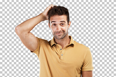 Buy stock photo Thinking, doubt or portrait of man confused by question isolated on transparent png background. Why, scratching head or unsure male person with choice to consider for solution or problem solving