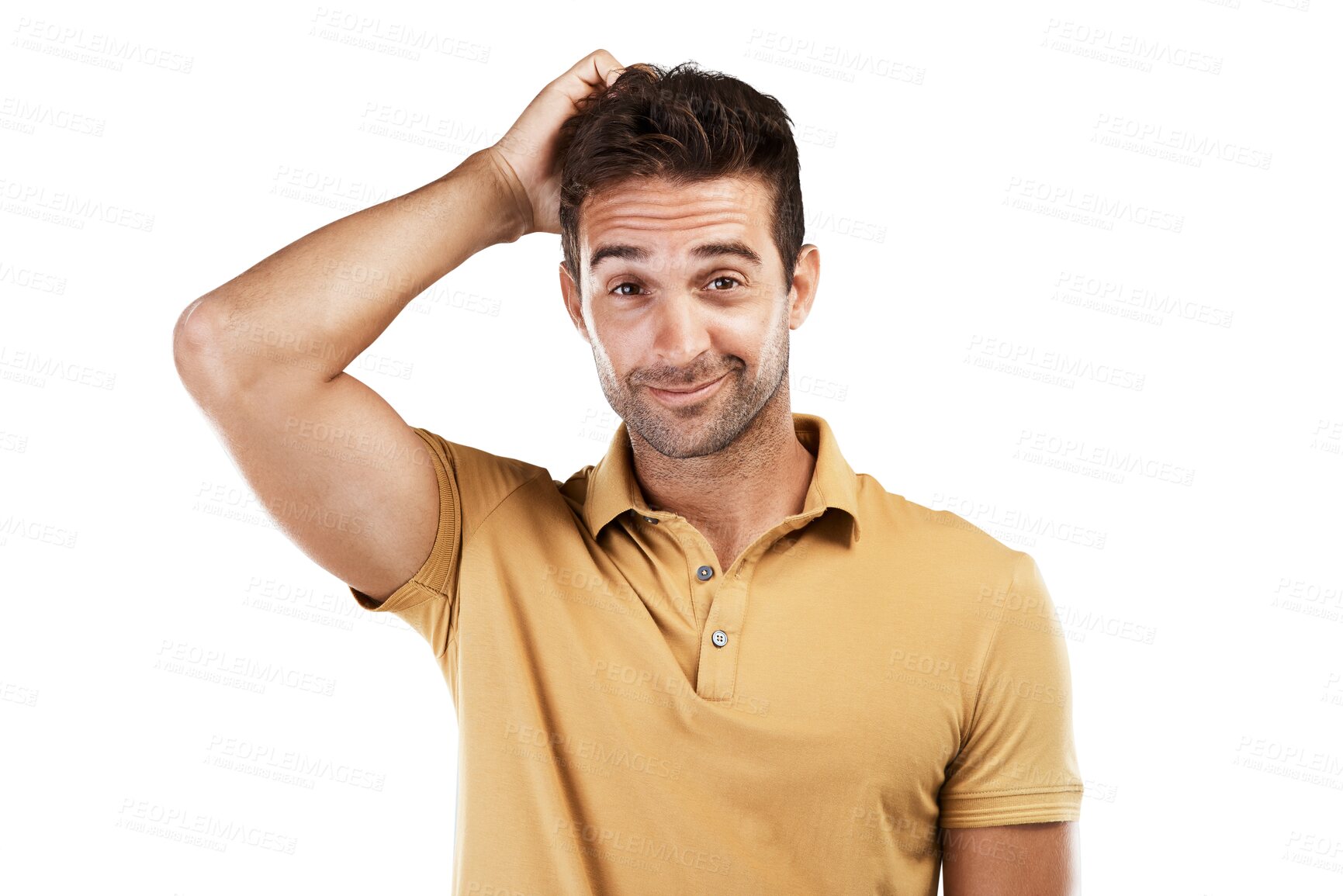 Buy stock photo Thinking, doubt or portrait of man confused by question isolated on transparent png background. Why, scratching head or unsure male person with choice to consider for solution or problem solving