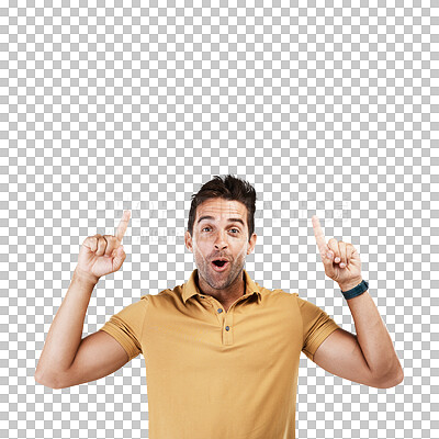 Buy stock photo Portrait of happy man, surprise or pointing up to sale, retail offer or discount deal isolated on png background. Transparent, wow or excited person to show logo sign, news or menu choice promotion