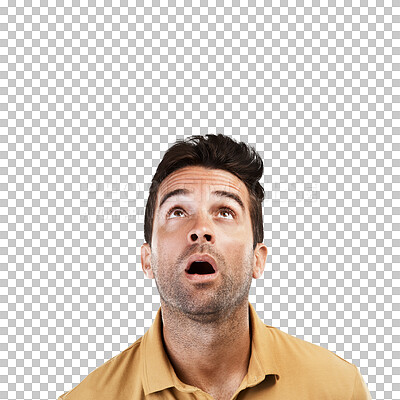 Buy stock photo Isolated man, thinking and face with wow, ideas or question with brainstorming by transparent png background. Guy, problem solving and surprise with mind, looking or wonder for announcement of sale