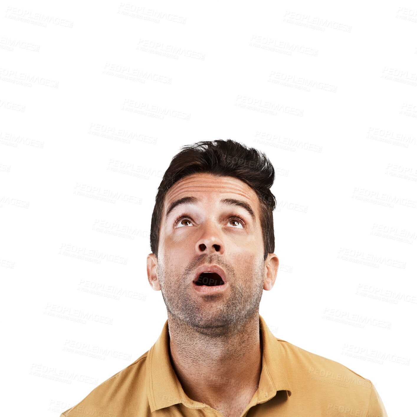 Buy stock photo Isolated man, thinking and face with wow, ideas or question with brainstorming by transparent png background. Guy, problem solving and surprise with mind, looking or wonder for announcement of sale