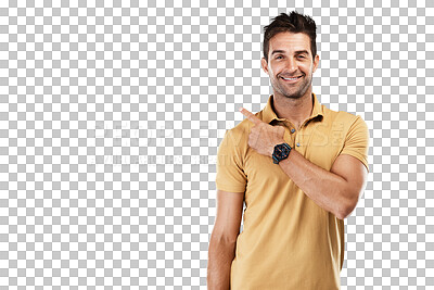 Buy stock photo Happy man, portrait or pointing to an offer, brand retail product or discount deal isolated on png background. Transparent, smile or male person showing a sale, news info or menu choice promotion 