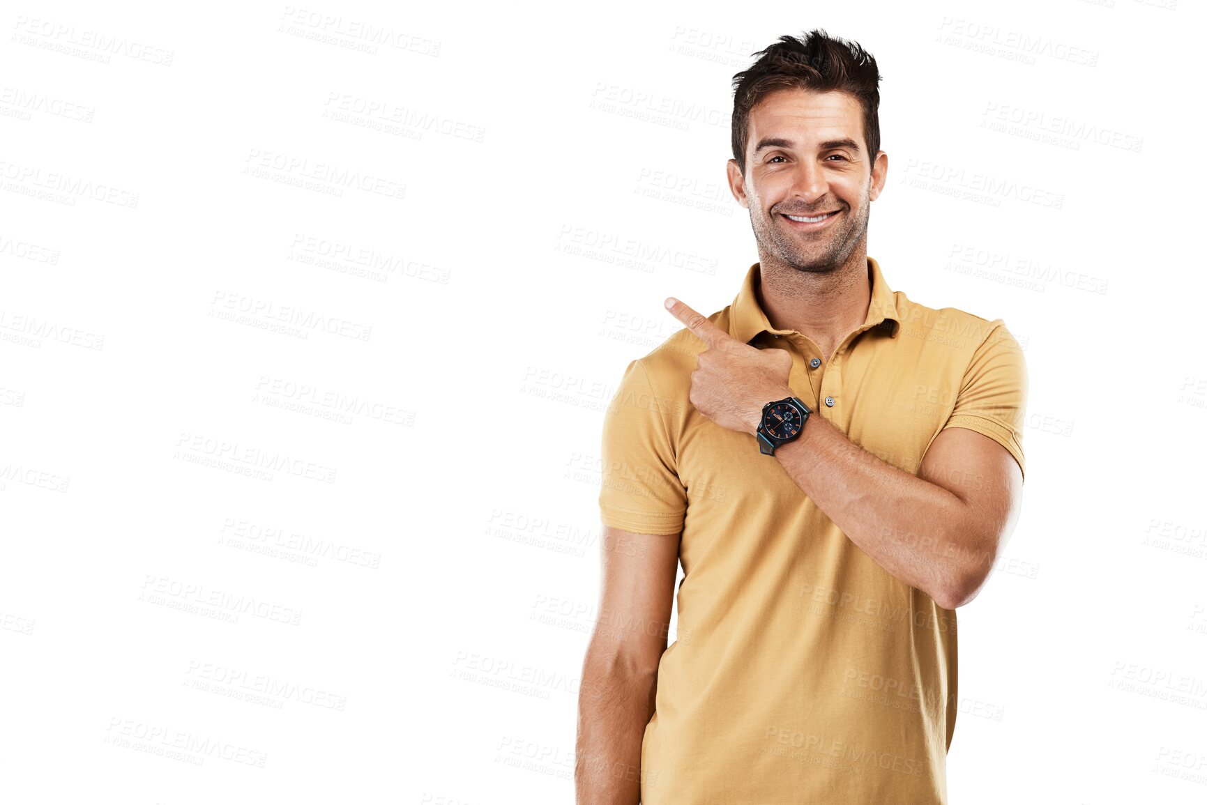 Buy stock photo Happy man, portrait or pointing to an offer, brand retail product or discount deal isolated on png background. Transparent, smile or male person showing a sale, news info or menu choice promotion 