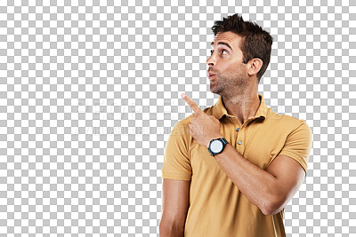 Buy stock photo Wow, pointing or man shocked by sales offer, deal or discount isolated on transparent png background. Surprise, presentation or male person showing service results, news info or menu choice options