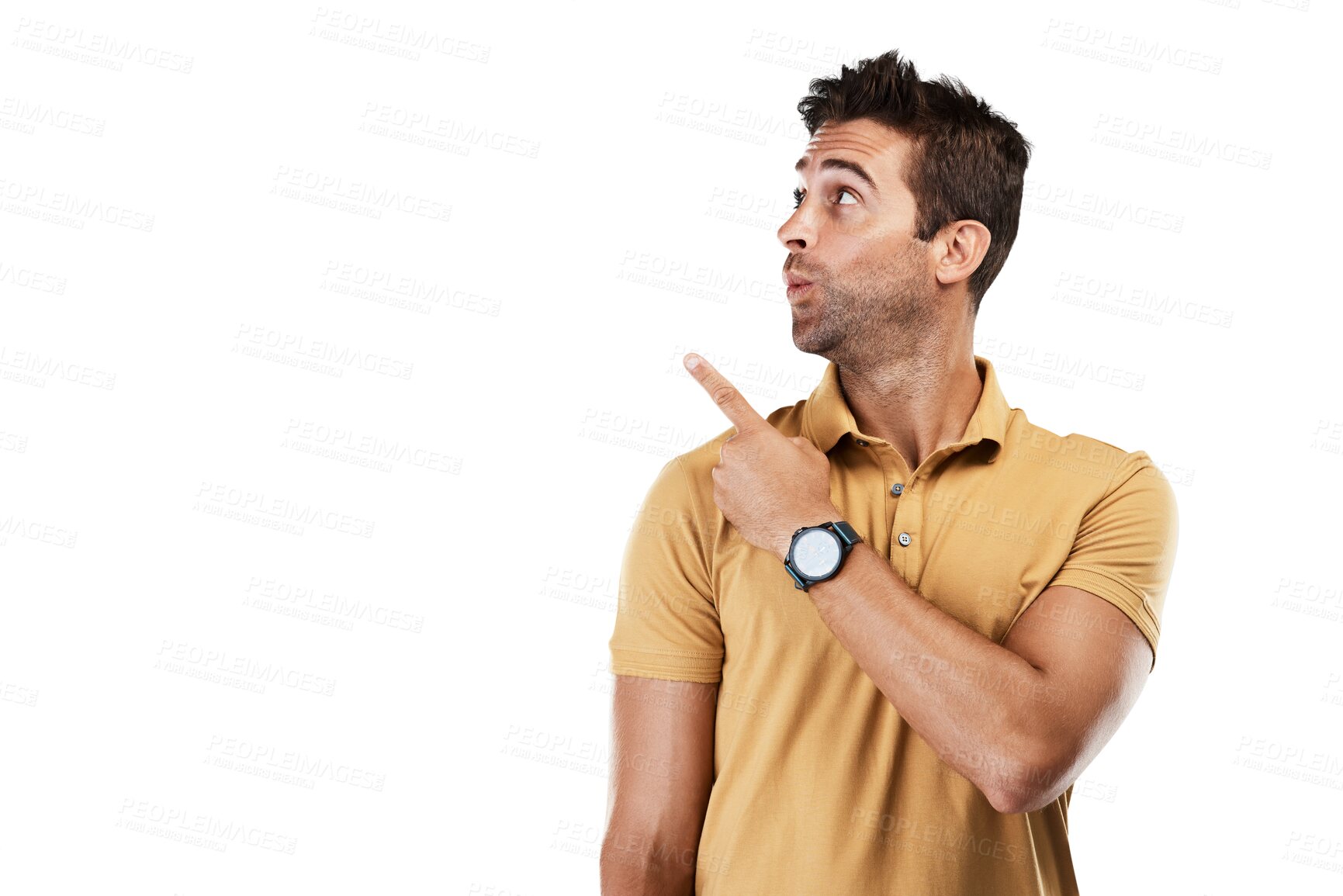 Buy stock photo Wow, pointing or man shocked by sales offer, deal or discount isolated on transparent png background. Surprise, presentation or male person showing service results, news info or menu choice options