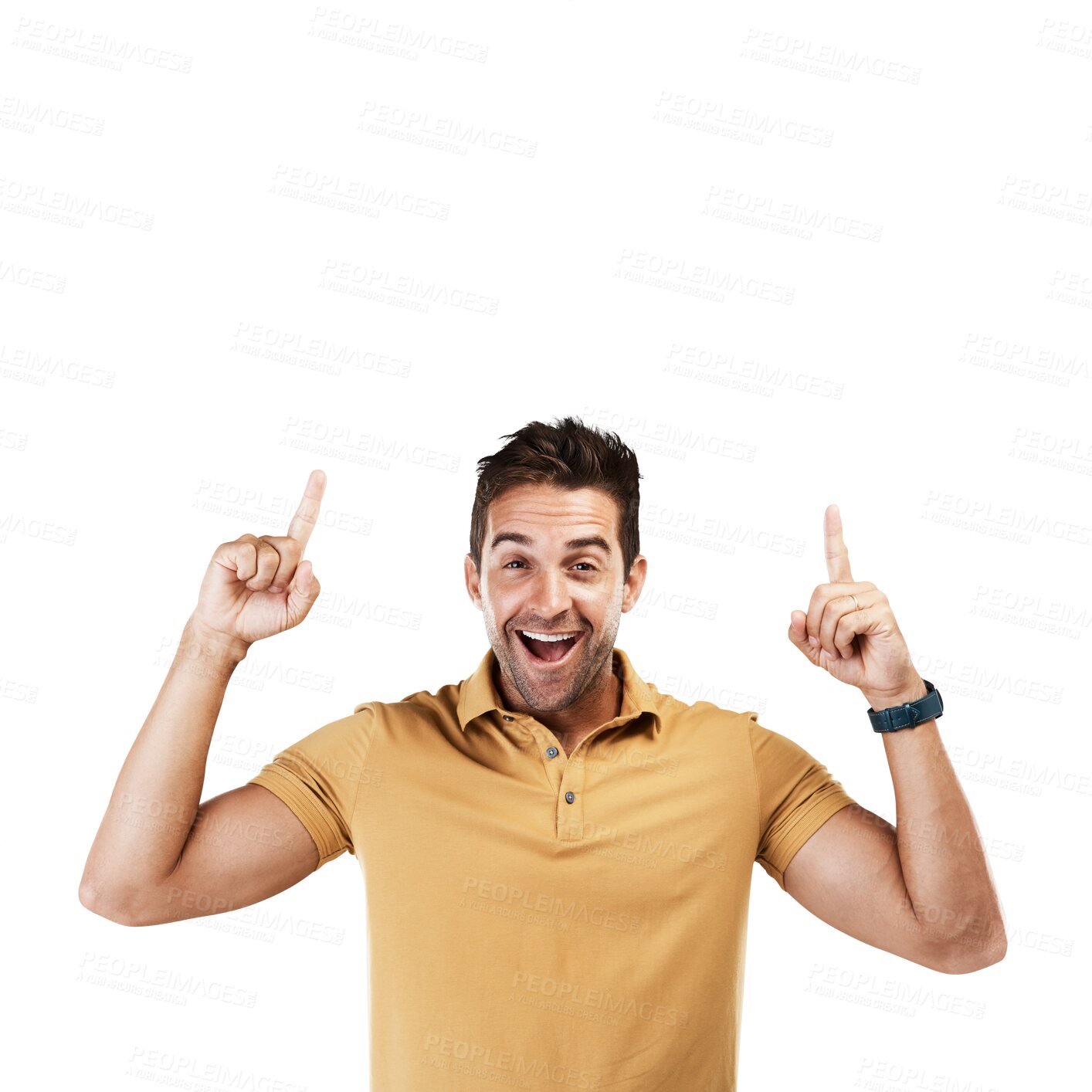 Buy stock photo Portrait of man, excited or pointing up to sale, offer announcement or discount deal isolated on png background. Transparent, wow or happy person to show logo sign, news or menu choice promotion