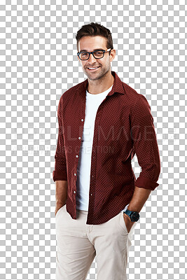 Buy stock photo Happy, glasses and fashion with portrait of man on png for eye health, optometry and geek. Nerd, smile and happiness with person isolated on transparent background for prescription, lens and frames