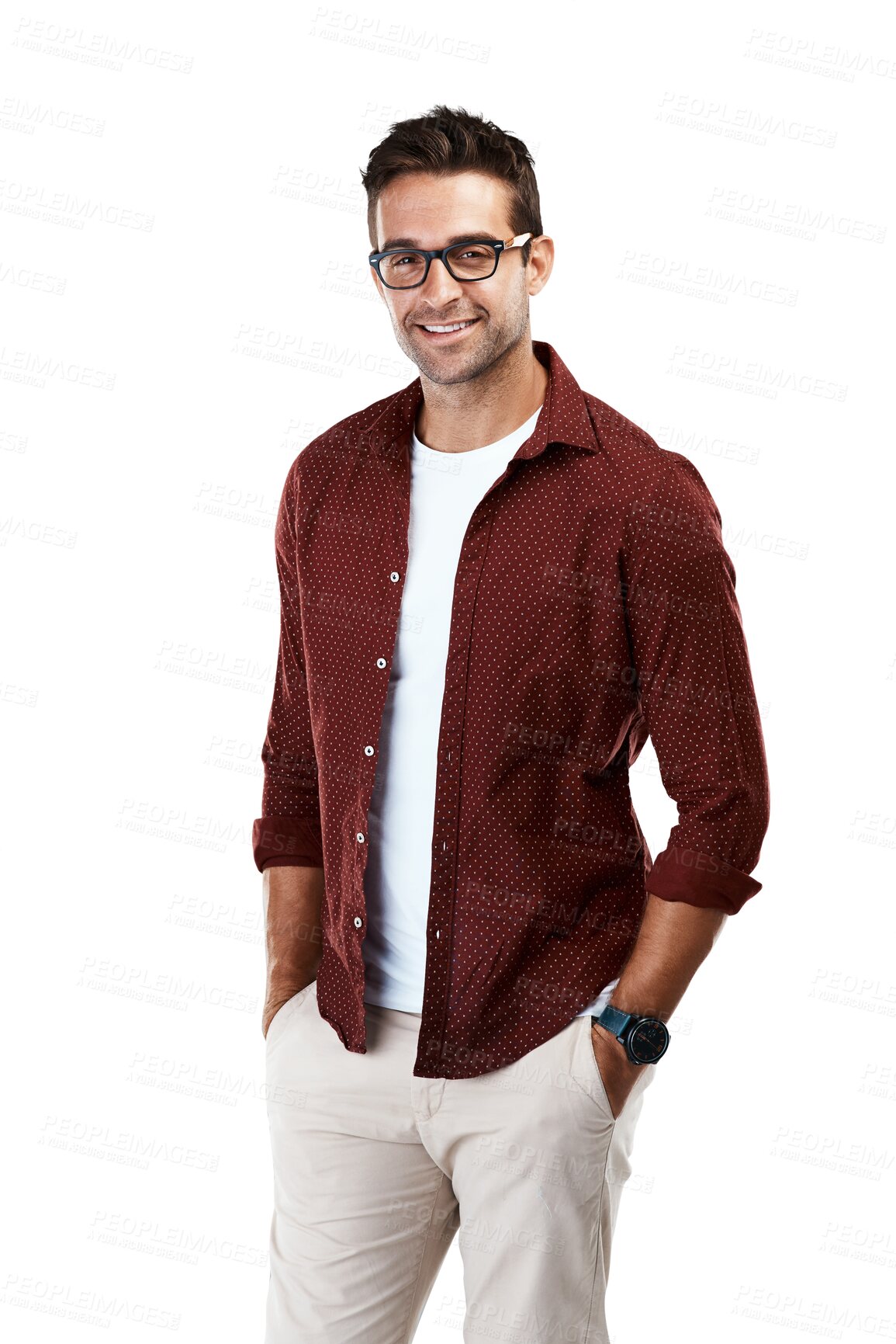 Buy stock photo Happy, glasses and fashion with portrait of man on png for eye health, optometry and geek. Nerd, smile and happiness with person isolated on transparent background for prescription, lens and frames