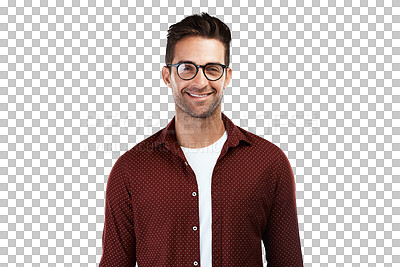 Buy stock photo Happy, glasses and optometry with portrait of man on png for eye health, geek and fashion. Nerd, smile and happiness with person isolated on transparent background for prescription, lens and frames