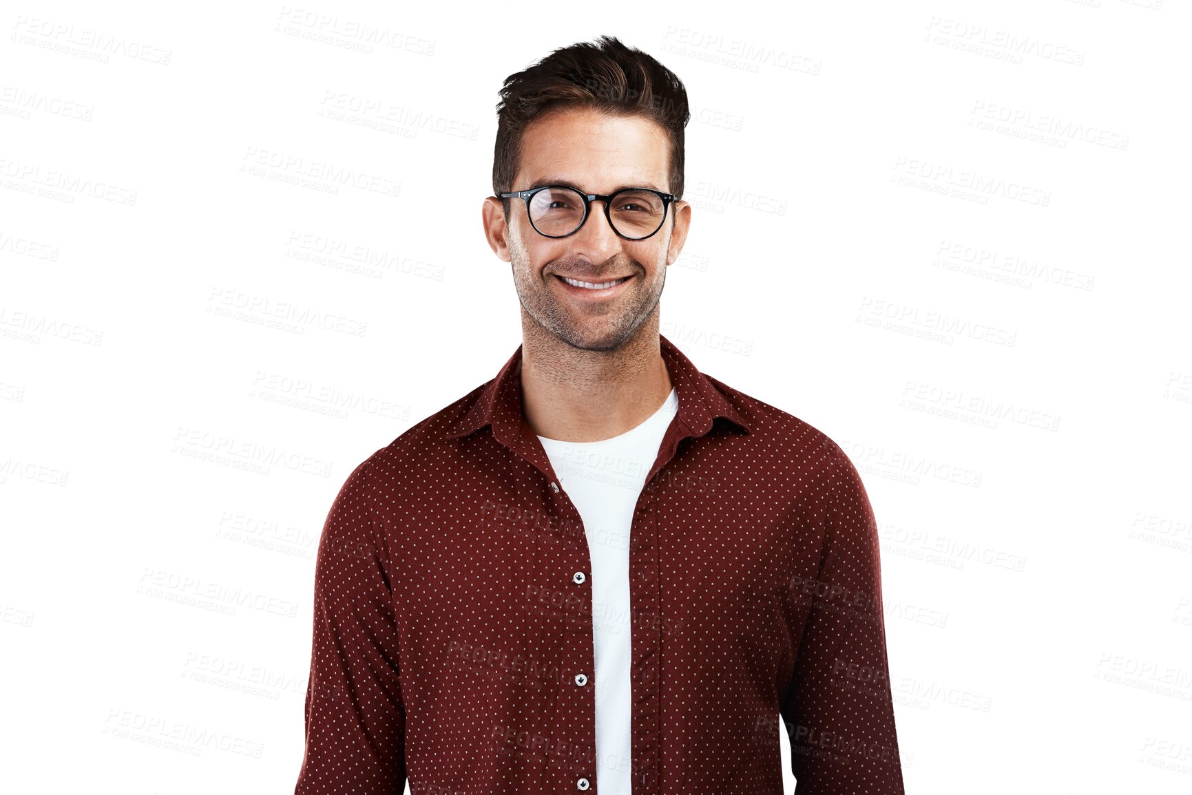 Buy stock photo Happy, glasses and optometry with portrait of man on png for eye health, geek and fashion. Nerd, smile and happiness with person isolated on transparent background for prescription, lens and frames