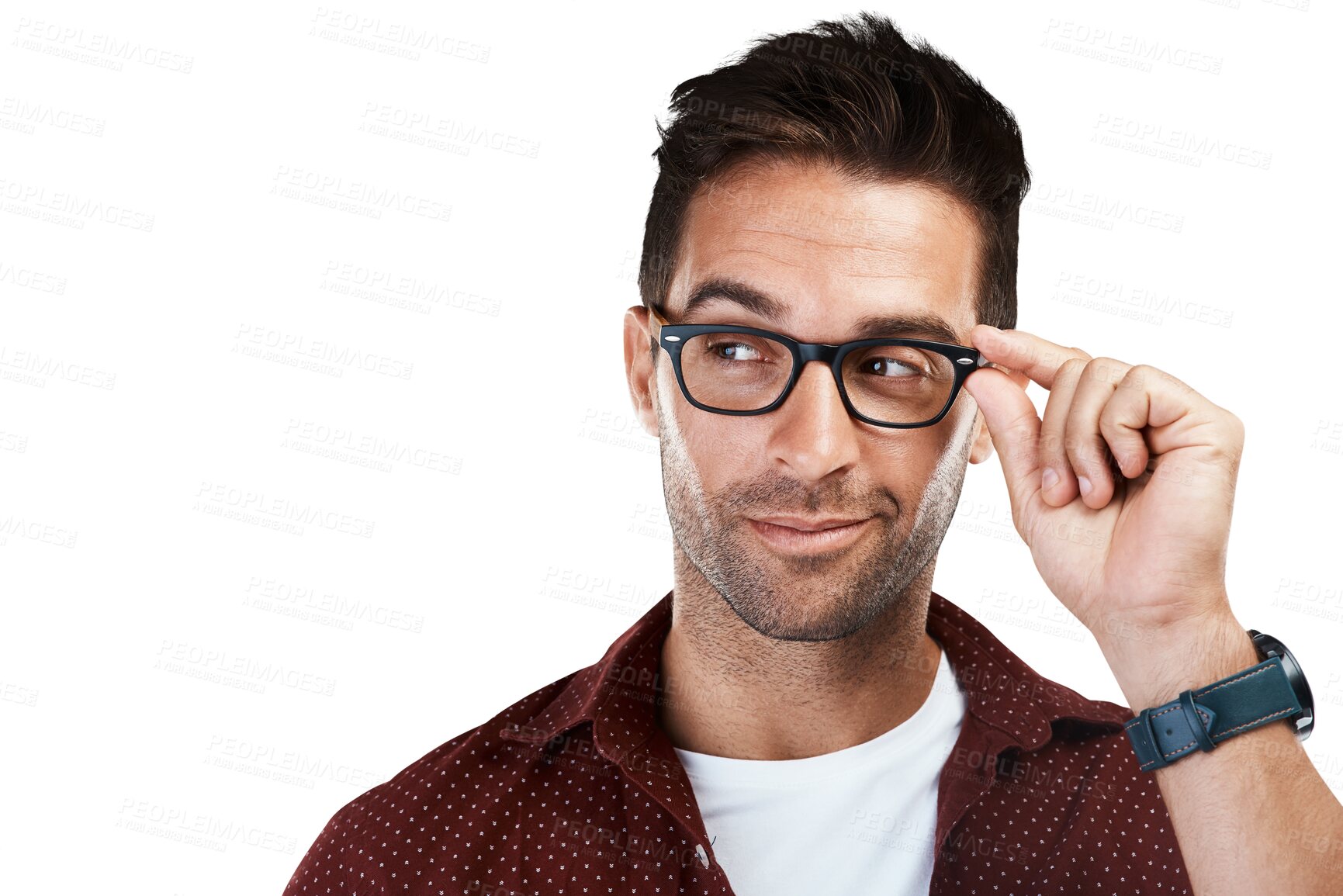 Buy stock photo Vision, thinking and man with glasses or frames as eye care isolated in a transparent or png background. Spectacles, optometry and person or businessman with style, fashion and ideas of eyewear