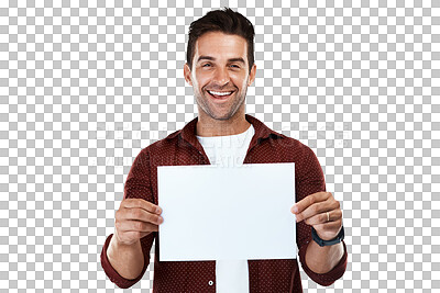 Buy stock photo Mockup, portrait or happy man with a card for announcement promotion, offer or advertising deal. Signage, bulletin board or face of person with blank space isolated on transparent png background