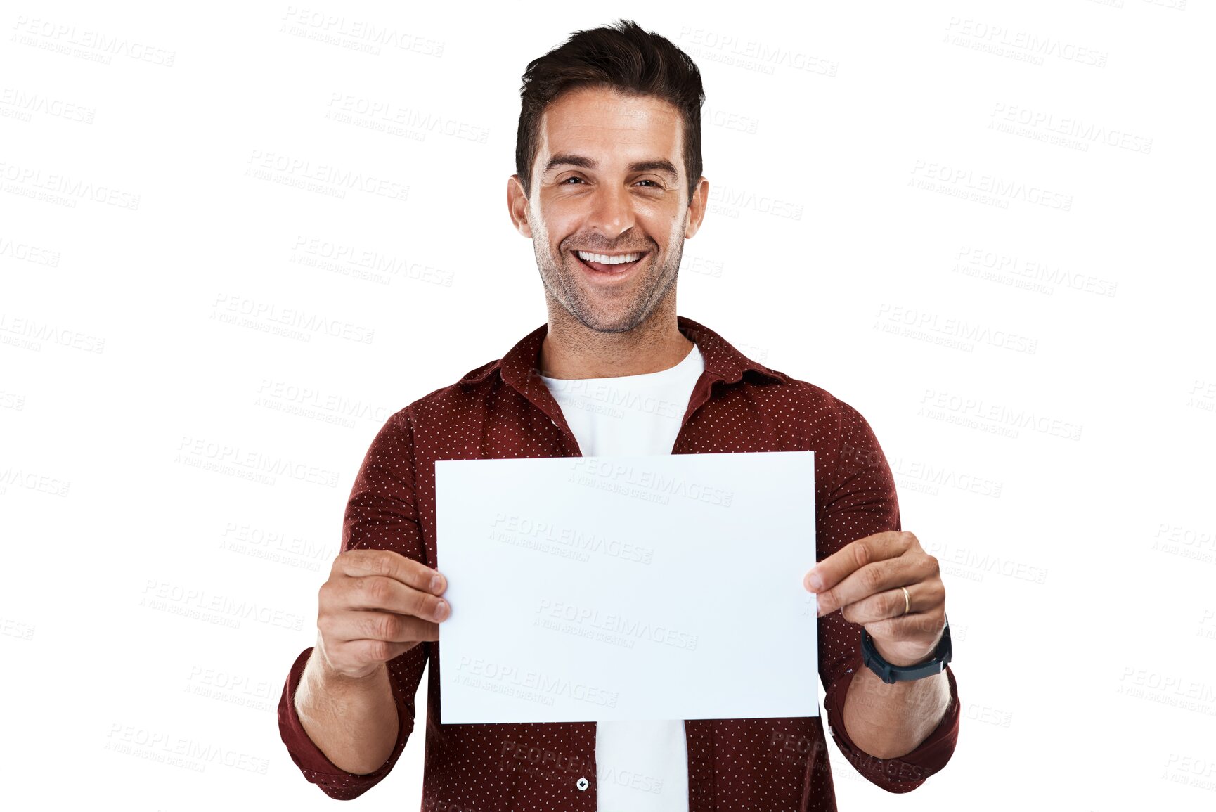 Buy stock photo Mockup, portrait or happy man with a card for announcement promotion, offer or advertising deal. Signage, bulletin board or face of person with blank space isolated on transparent png background