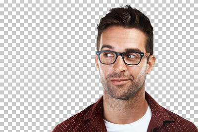 Buy stock photo Eye care, thinking and man with glasses or new frames as vision isolated in a transparent or png background. Spectacles, optometry and person or businessman with style, fashion and ideas of eyewear