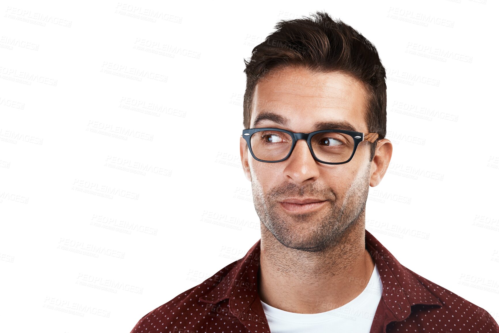 Buy stock photo Eye care, thinking and man with glasses or new frames as vision isolated in a transparent or png background. Spectacles, optometry and person or businessman with style, fashion and ideas of eyewear