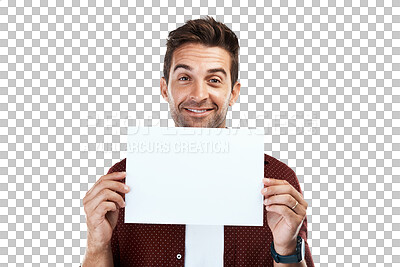 Buy stock photo Card, portrait or happy man with poster mockup for promotion offer, sale or advertising deal. Signage banner, bulletin board or face of person with blank space isolated on transparent png background