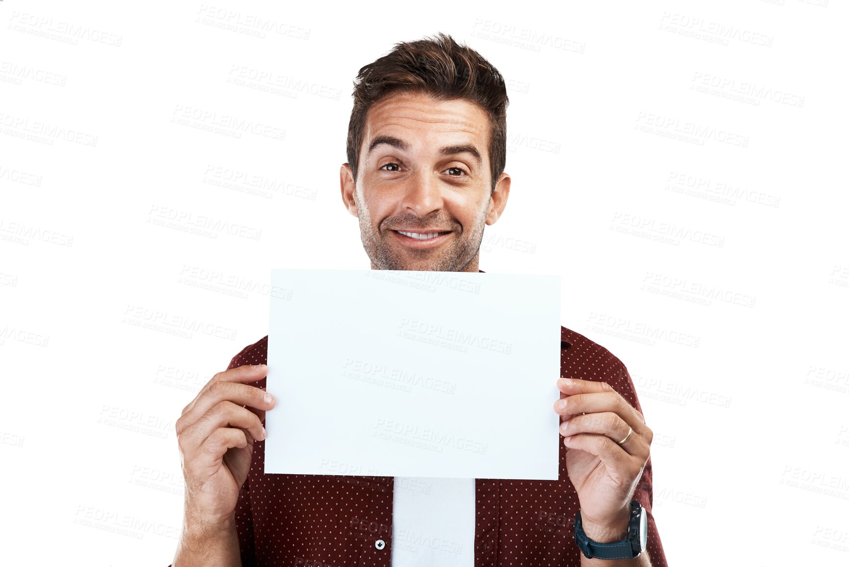 Buy stock photo Card, portrait or happy man with poster mockup for promotion offer, sale or advertising deal. Signage banner, bulletin board or face of person with blank space isolated on transparent png background