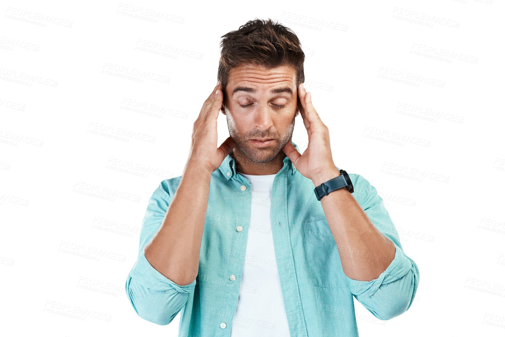 Buy stock photo Dizzy, tired or man with headache stress, brain fog or burnout isolated on transparent png background. Exhausted face, sleepy or sick person frustrated with head pain, anxiety or migraine crisis