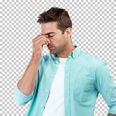 Buy stock photo Face, tired or man with headache stress, fatigue or burnout isolated on transparent png background. Exhausted, depressed or sick person frustrated or worried by head pain, anxiety or migraine crisis