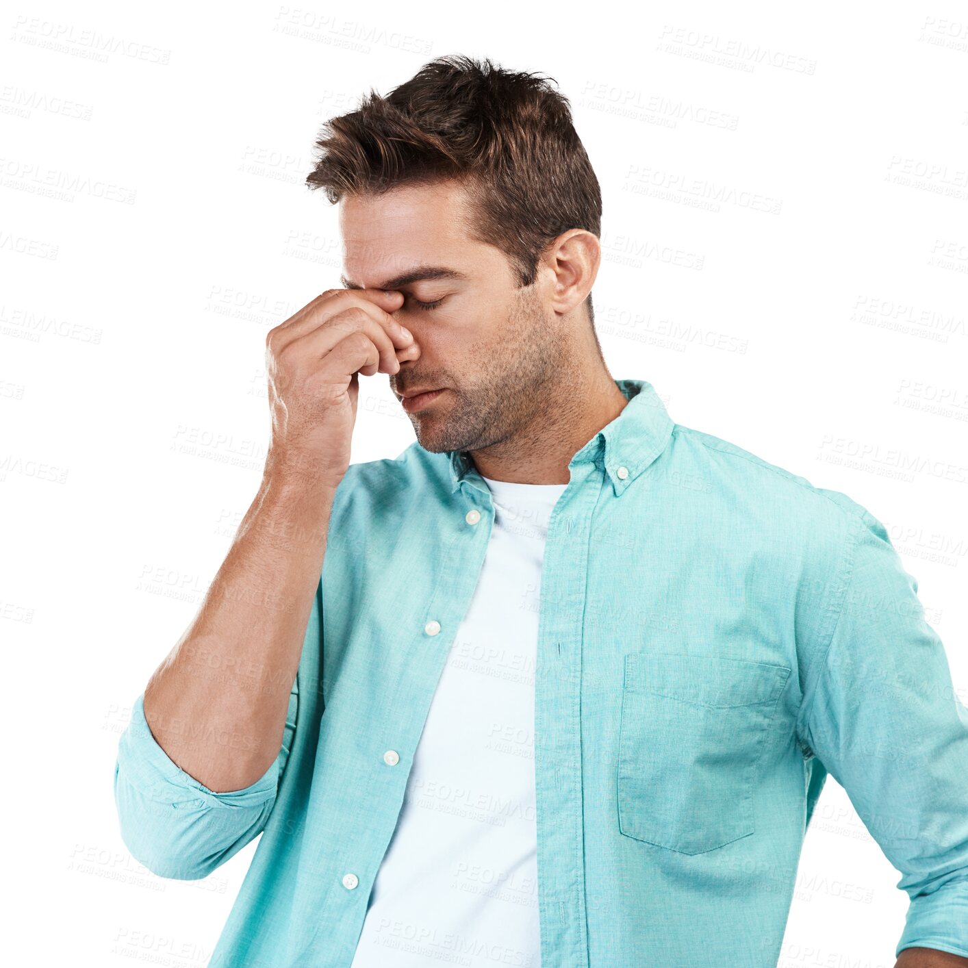 Buy stock photo Face, tired or man with headache stress, fatigue or burnout isolated on transparent png background. Exhausted, depressed or sick person frustrated or worried by head pain, anxiety or migraine crisis