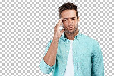 Buy stock photo Tired, stress or man with headache, anxiety or burnout isolated on transparent png background. Exhausted, sad person or face of sick person frustrated with head pain or depression or migraine crisis 