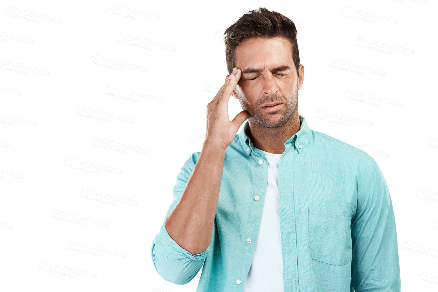 Buy stock photo Tired, stress or man with headache, anxiety or burnout isolated on transparent png background. Exhausted, sad person or face of sick person frustrated with head pain or depression or migraine crisis 