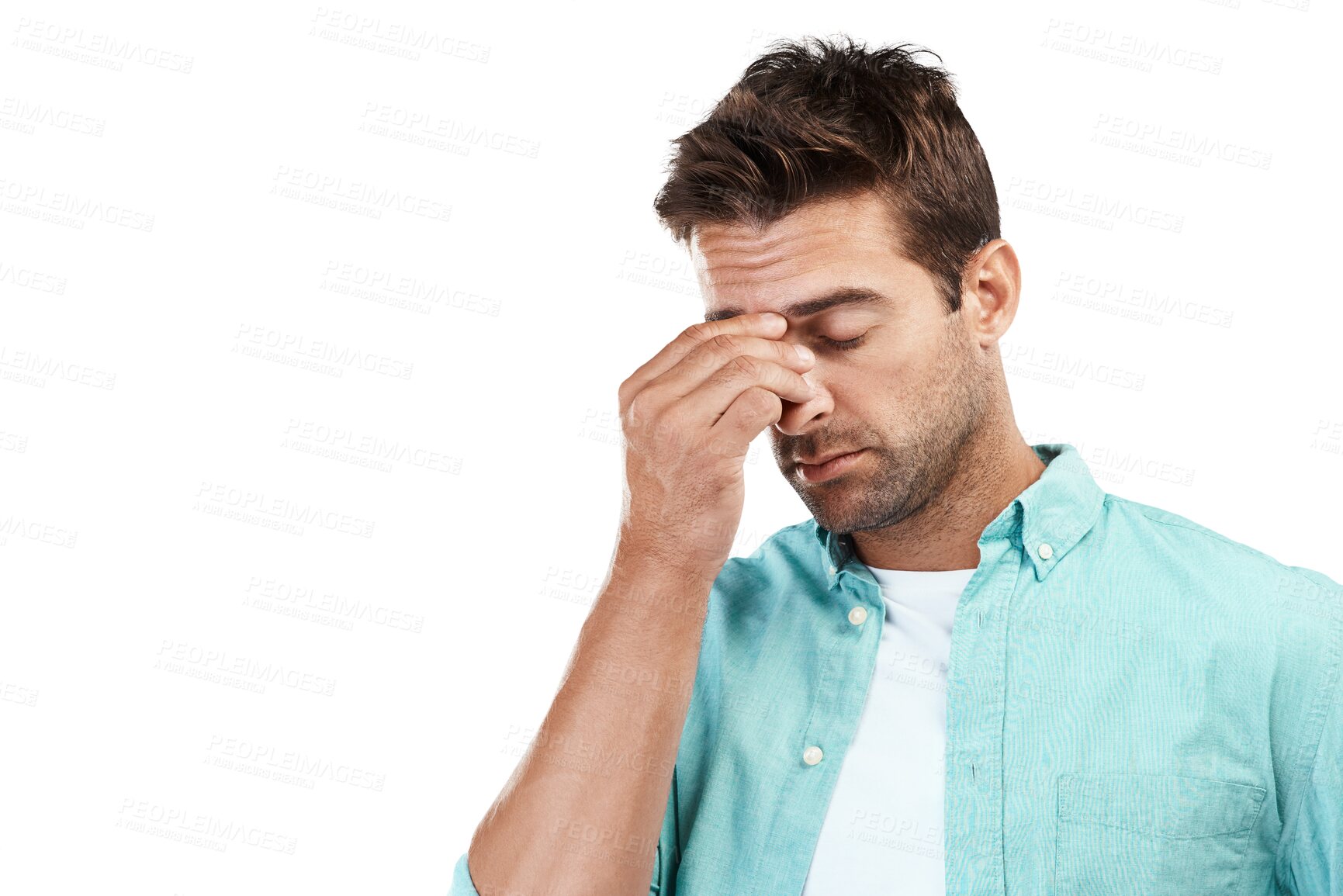 Buy stock photo Face, fatigue or man with headache stress, brain fog or burnout isolated on transparent png background. Exhausted, tired or sick person frustrated or worried by head pain, anxiety or migraine crisis