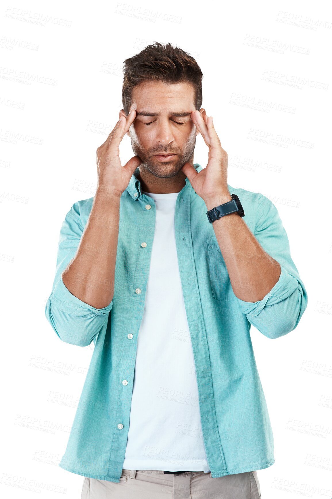 Buy stock photo Migraine, head pain or man with headache stress, brain fog or burnout isolated on transparent png background. Exhausted, tired face or dizzy person frustrated or worried by anxiety, problem or crisis