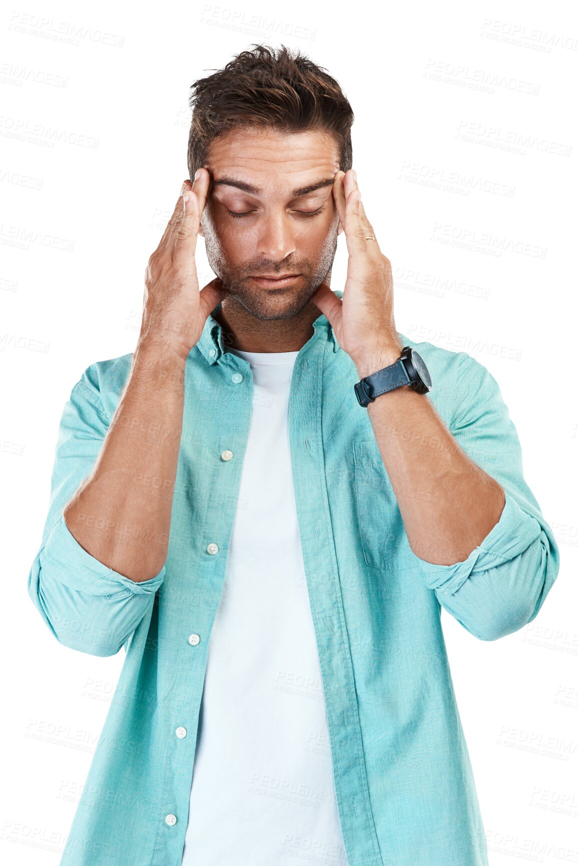 Buy stock photo Migraine, fatigue or man with headache stress, brain fog or burnout isolated on transparent png background. Exhausted, tired face or dizzy person frustrated or worried by head pain, anxiety or crisis