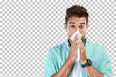 Buy stock photo Allergy, blowing nose or portrait of man sick by hay fever illness, flu disease or virus by sneezing with tissue. Sinus problem, toilet paper or face of person isolated on transparent png background