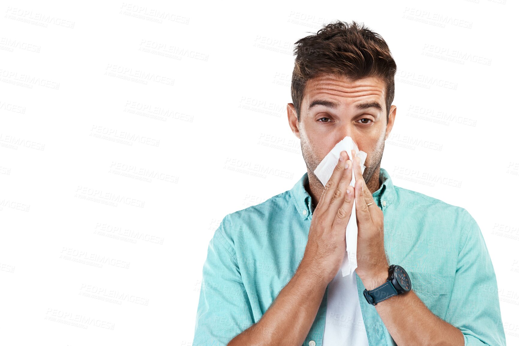 Buy stock photo Allergy, blowing nose or portrait of man sick by hay fever illness, flu disease or virus by sneezing with tissue. Sinus problem, toilet paper or face of person isolated on transparent png background