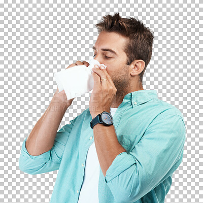 Buy stock photo Sinus allergy, blowing nose or man sick by hay fever illness, flu disease or virus by sneezing with tissue. Nasal infection cold, toilet paper or male person isolated on transparent png background