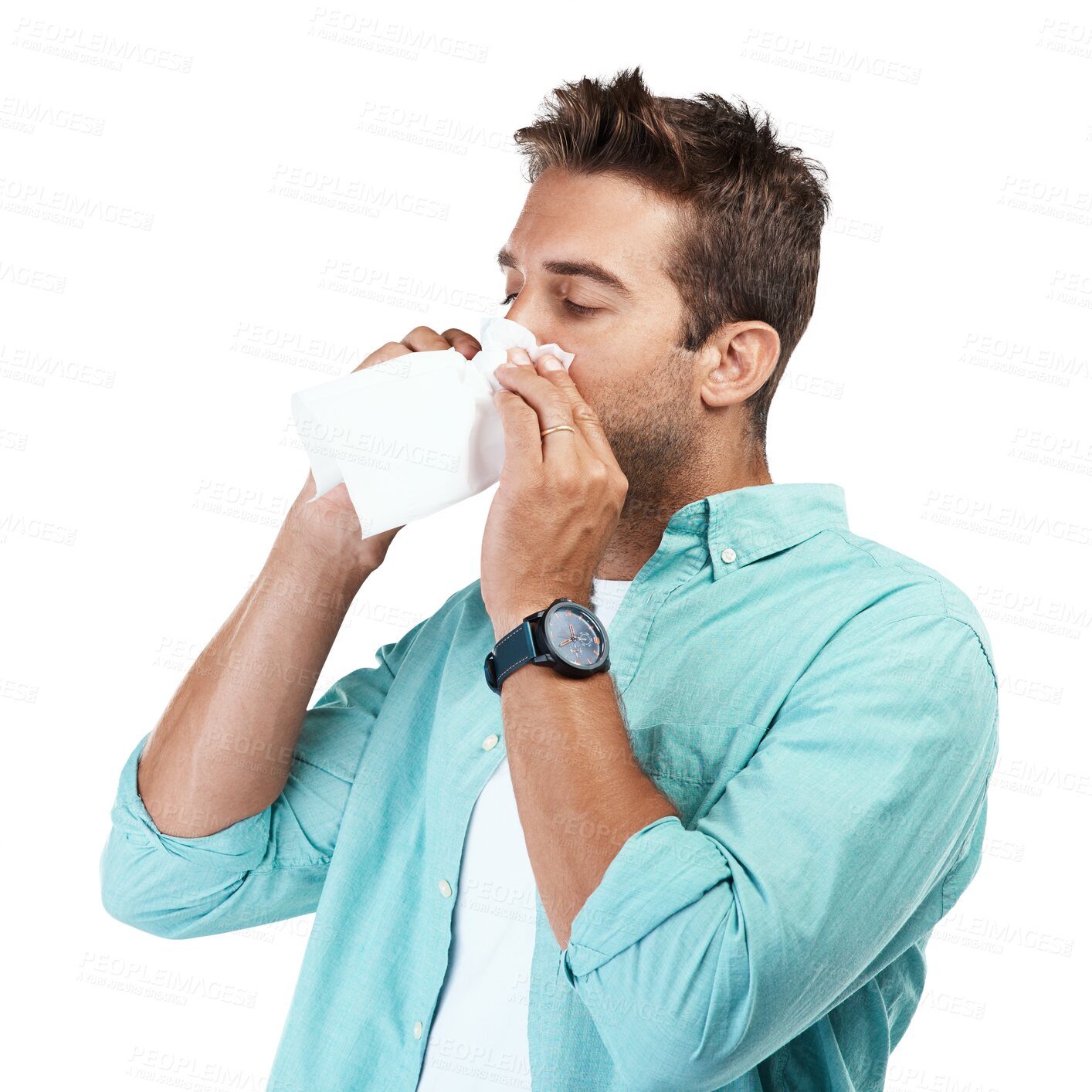 Buy stock photo Sinus allergy, blowing nose or man sick by hay fever illness, flu disease or virus by sneezing with tissue. Nasal infection cold, toilet paper or male person isolated on transparent png background