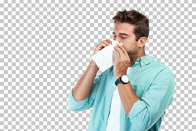 Buy stock photo Sinus virus, blowing nose or man sick by hay fever illness, flu disease or allergy by sneezing with tissue. Nasal infection problem, toilet paper or male person isolated on transparent png background