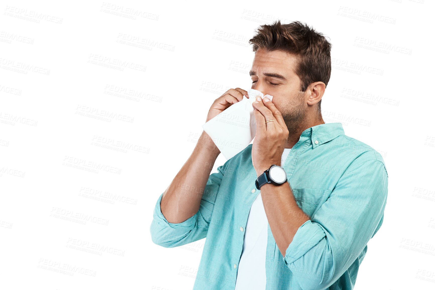 Buy stock photo Sinus virus, blowing nose or man sick by hay fever illness, flu disease or allergy by sneezing with tissue. Nasal infection problem, toilet paper or male person isolated on transparent png background