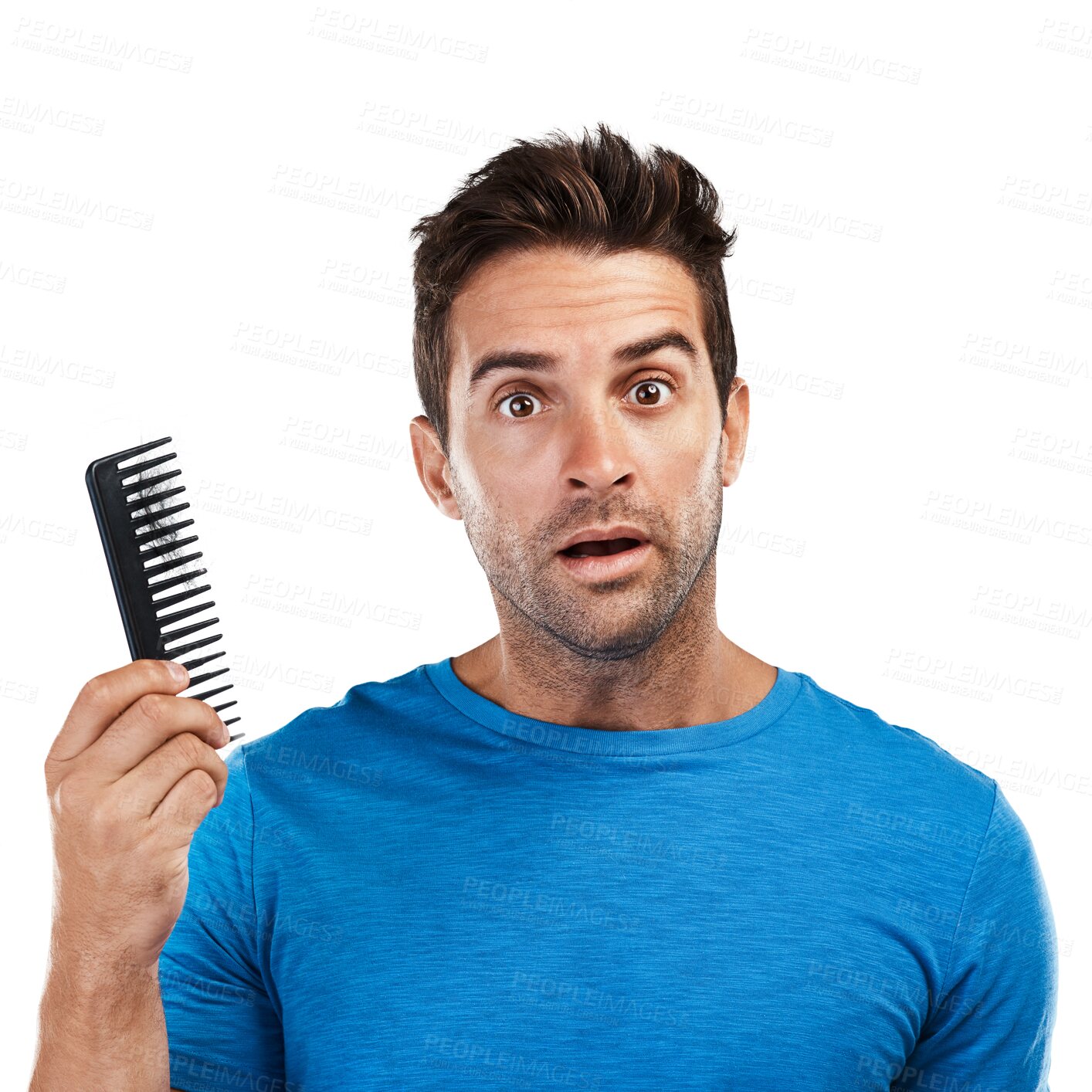 Buy stock photo Isolated man, comb and shock for hair loss, portrait and stress with worry, alopecia or transparent png background. Guy, shock and male pattern baldness with anxiety for ageing, cosmetics or cancer