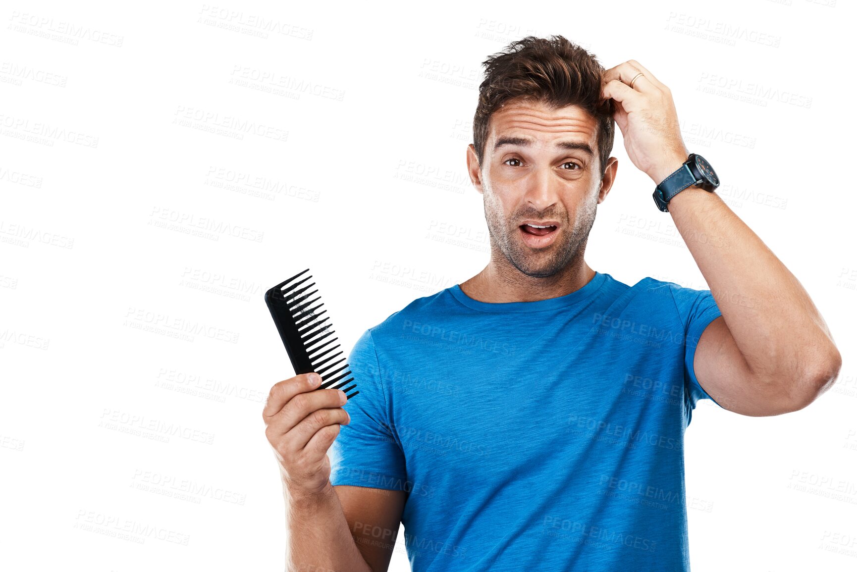 Buy stock photo Isolated man, comb and hair loss on scalp, shock or portrait with stress, psoriasis or transparent png background. Guy, male pattern baldness and anxiety for inspection, cosmetic or alopecia with wow