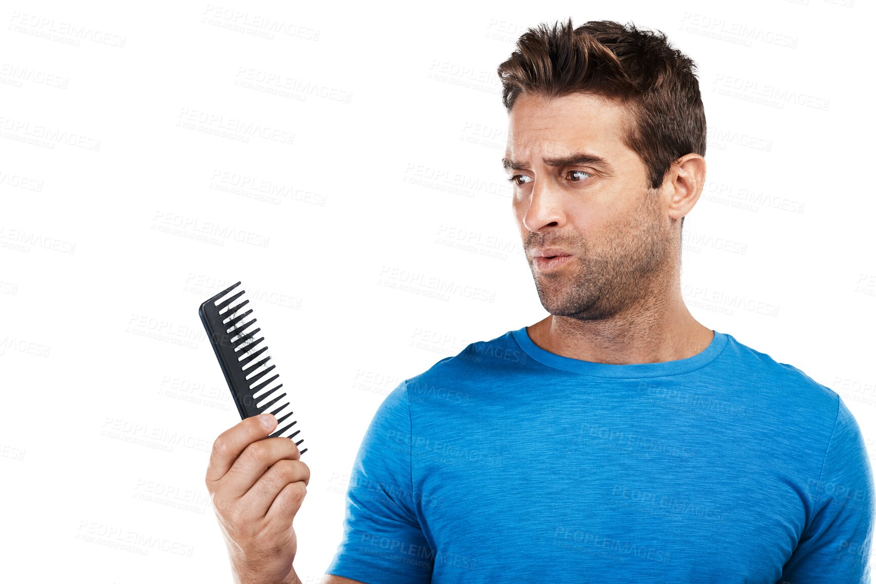 Buy stock photo Isolated man, comb and thinking for hair loss, stress and worry for alopecia by transparent png background. Guy, shock and male pattern baldness with anxiety for ageing, cosmetics or scalp wellness