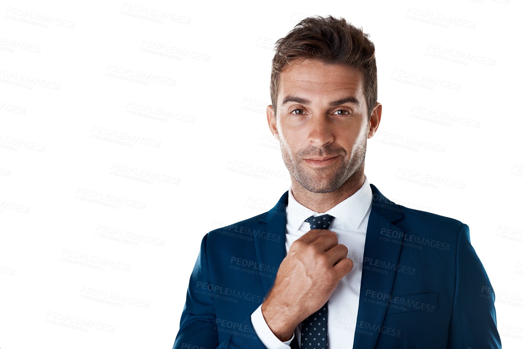 Buy stock photo Portrait of confident businessman fixing tie with smile and broker isolated on transparent png background. Business fashion, proud career man or professional consultant in suit, happy face of trader.